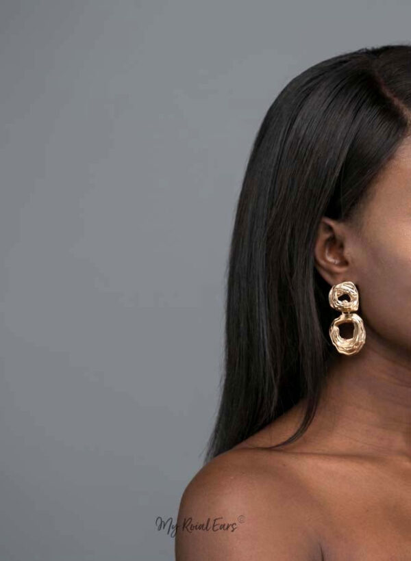 Clio- gold plated lined detailed double hoop drop earrings - My Roial Ears LTD
