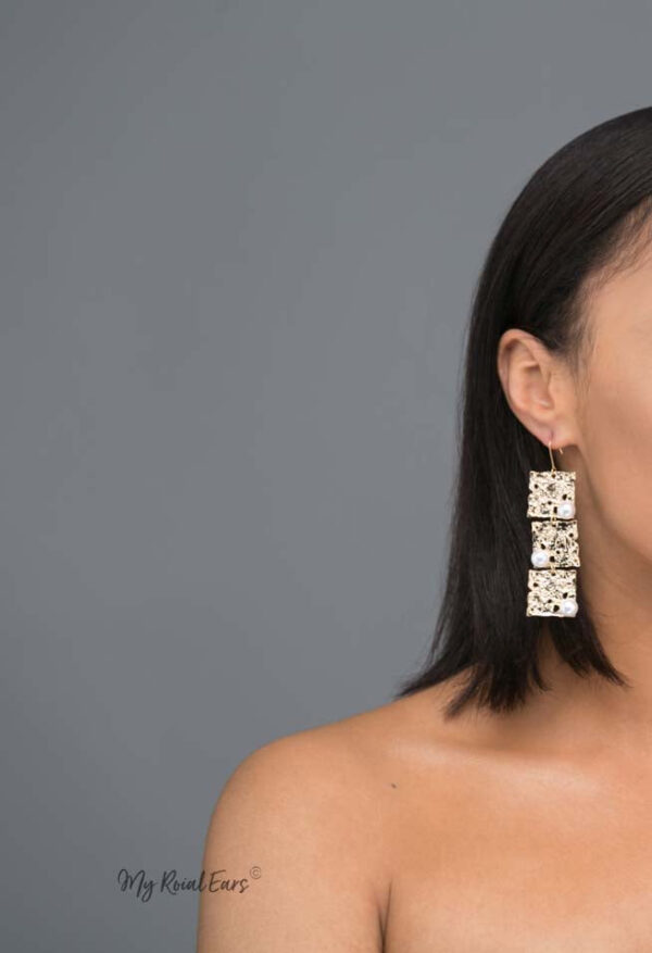 Ianthe: gold plated square and pearl embellished drop earrings - My Roial Ears LTD