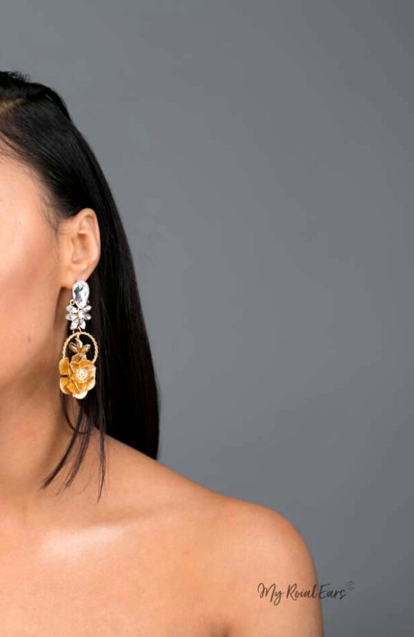 Gaia Dim- gold plated 3d floral crystal-embellished drop earrings - My Roial Ears LTD