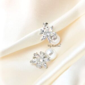 Q.Moria-Silver Plated Flower Crystal and Pearl Bridal Stud Earrings