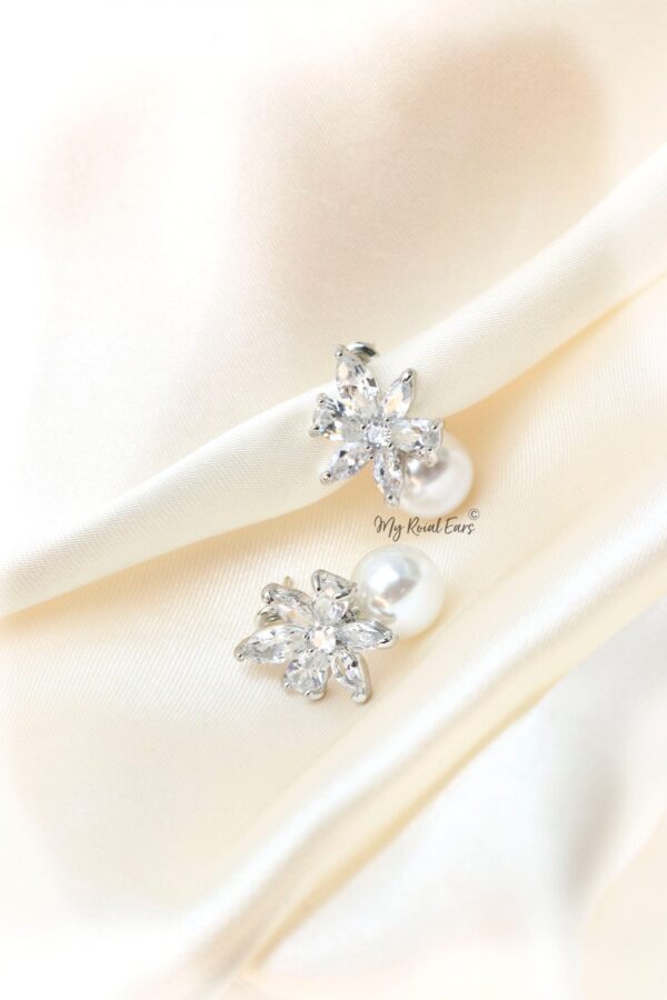 Q.Moria-Silver Plated Flower Crystal and Pearl Bridal Stud Earrings