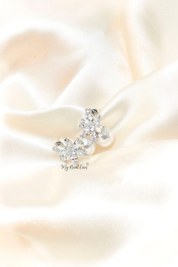 Q.Moria-Silver Plated Flower Crystal and Pearl Bridal Stud Earrings - Image 3