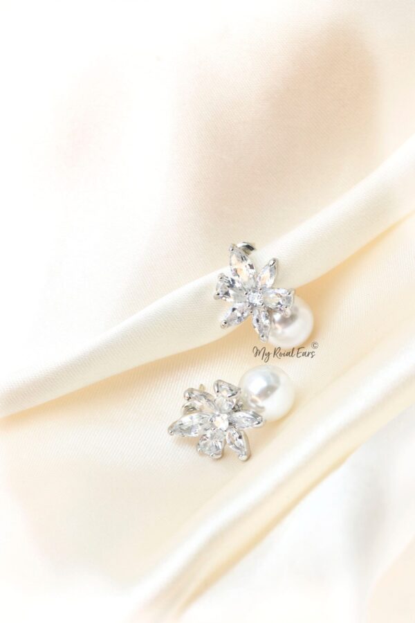 Q.Moria-Silver Plated Flower Crystal and Pearl Bridal Stud Earrings - Image 2