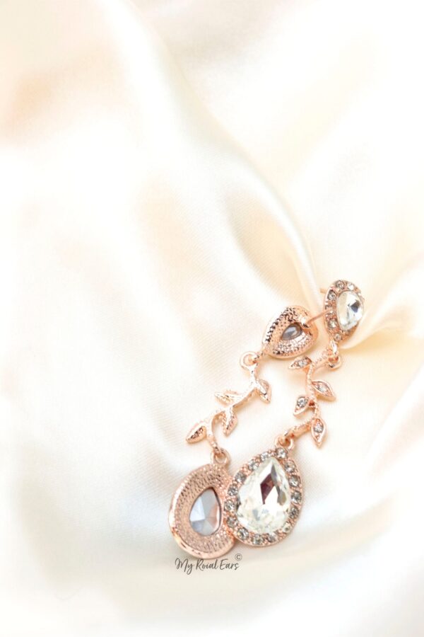 Q.THEODORA- Rose Gold Water Drop and Leaf Design Drop Earrings - Image 3