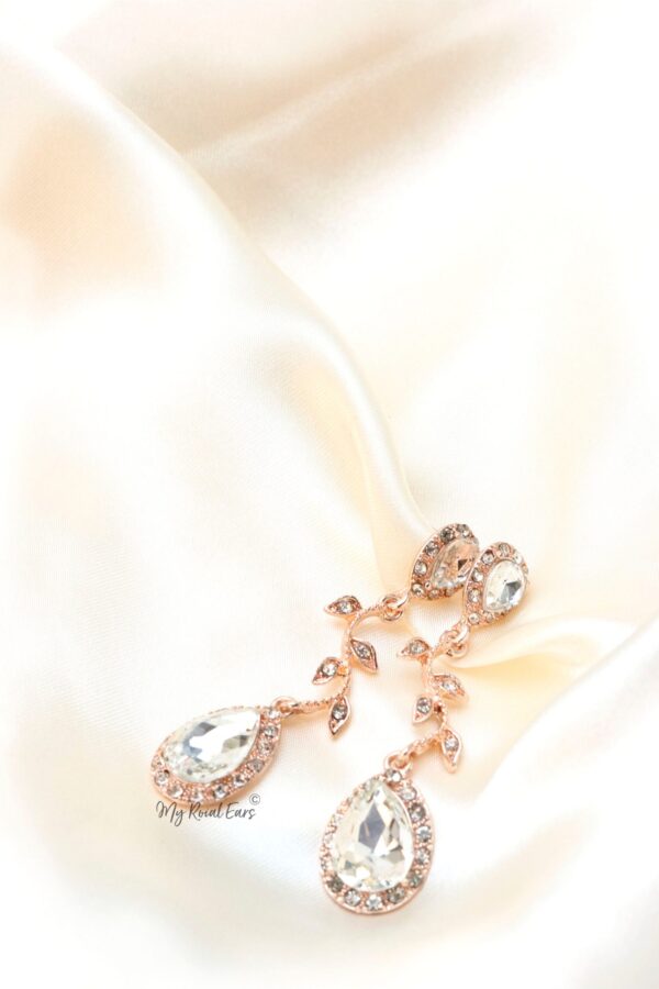 Q.THEODORA- Rose Gold Water Drop and Leaf Design Drop Earrings