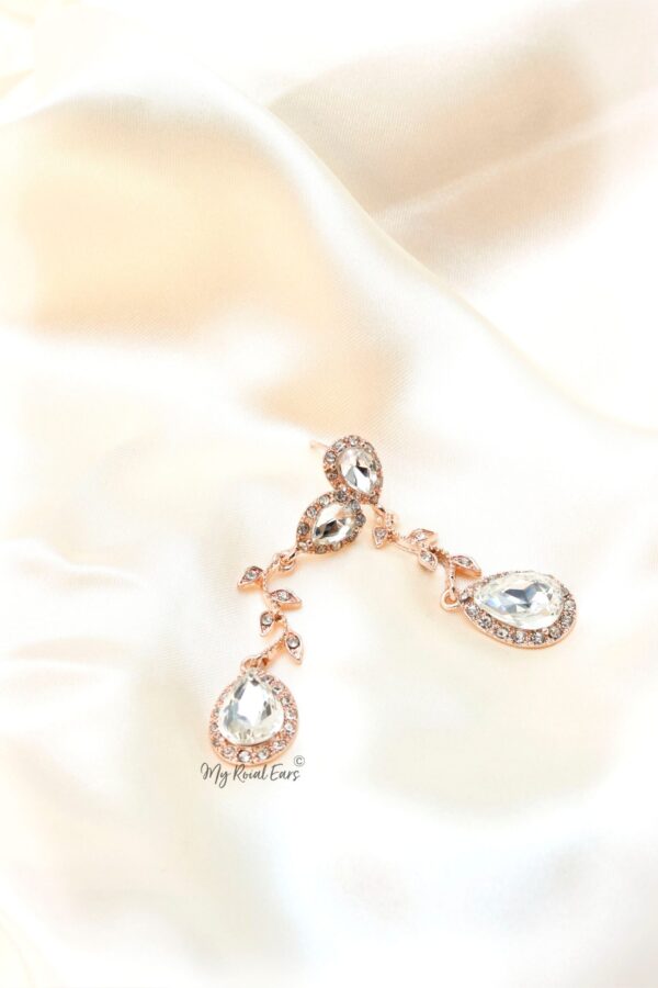 Q.THEODORA- Rose Gold Water Drop and Leaf Design Drop Earrings - Image 2
