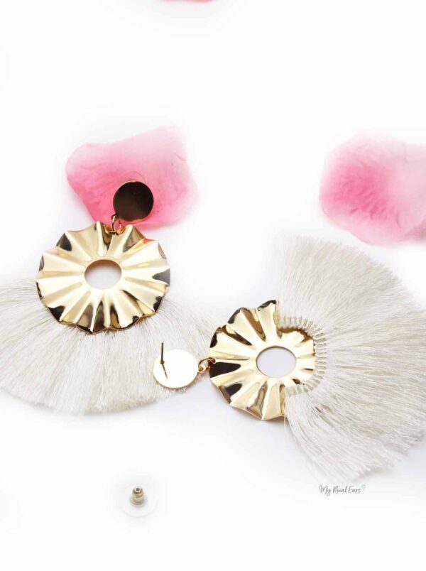 Begonia Fairlady White- golden tassel statement earrings - Image 3