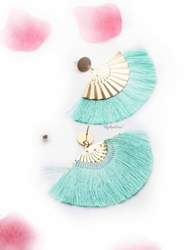Gaillardia Aristata Green- golden fan statement tassel earrings - My Roial Ears LTD
