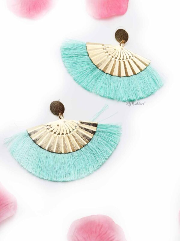 Gaillardia Aristata Green- golden fan statement tassel earrings - My Roial Ears LTD
