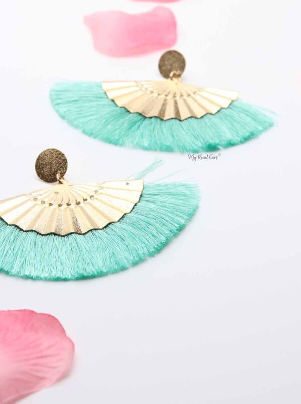 Gaillardia Aristata Green- golden fan statement tassel earrings - My Roial Ears LTD