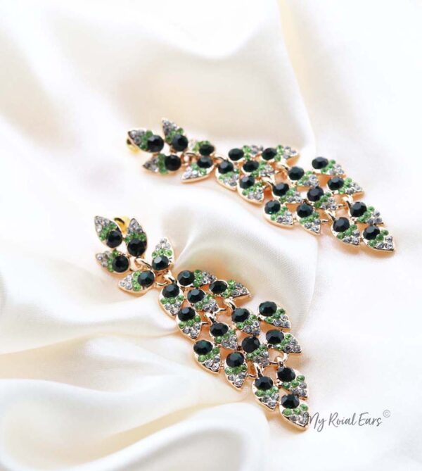 Q.PHILIPPA Green- peacock feather crystal bridal drop earrings - My Roial Ears LTD