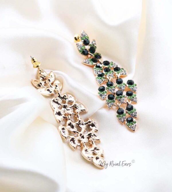 Q.PHILIPPA Green- peacock feather crystal bridal drop earrings - My Roial Ears LTD