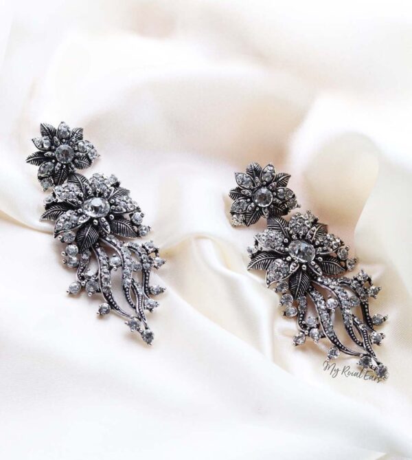 Q XENIA Silver-vintage baroque flower statement drop bridal earrings - My Roial Ears LTD