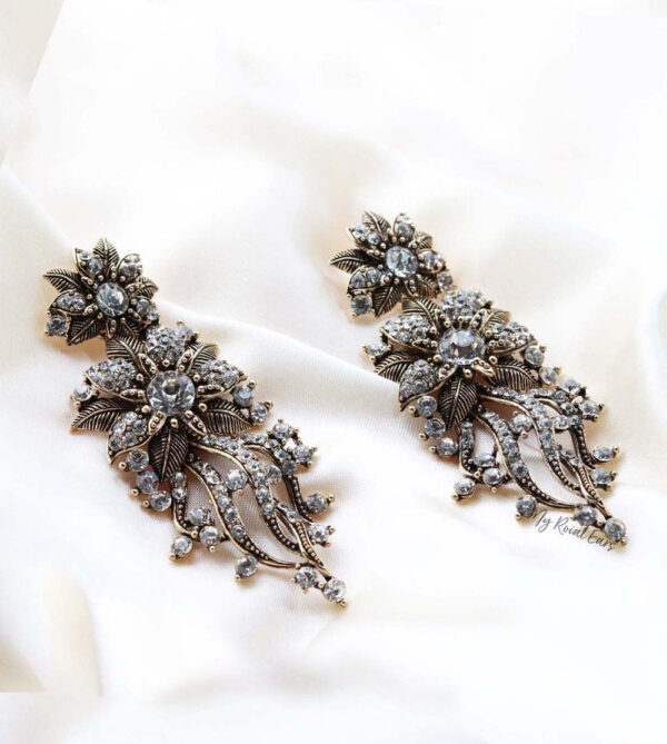 Q XENIA Silver-vintage baroque flower statement drop bridal earrings - My Roial Ears LTD