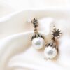 Q.ZARA-pearl antique gold rhinestone bridal drop earrings - My Roial Ears LTD