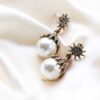 Q.ZARA-pearl antique gold rhinestone bridal drop earrings - My Roial Ears LTD