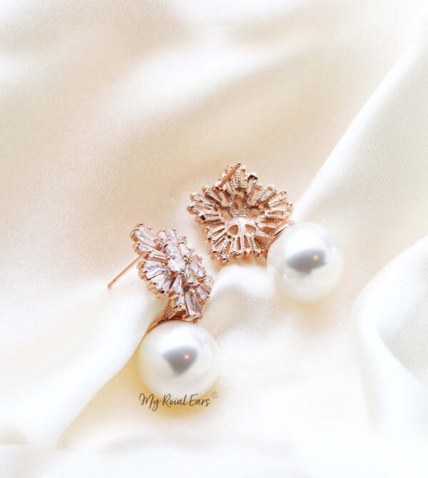 Q Louise Rose Gold-bridal diamond cut floral pearl stud earrings - My Roial Ears LTD