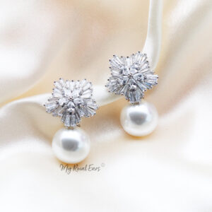 Q.Louise-bridal diamond cut floral pearl stud earrings - My Roial Ears LTD