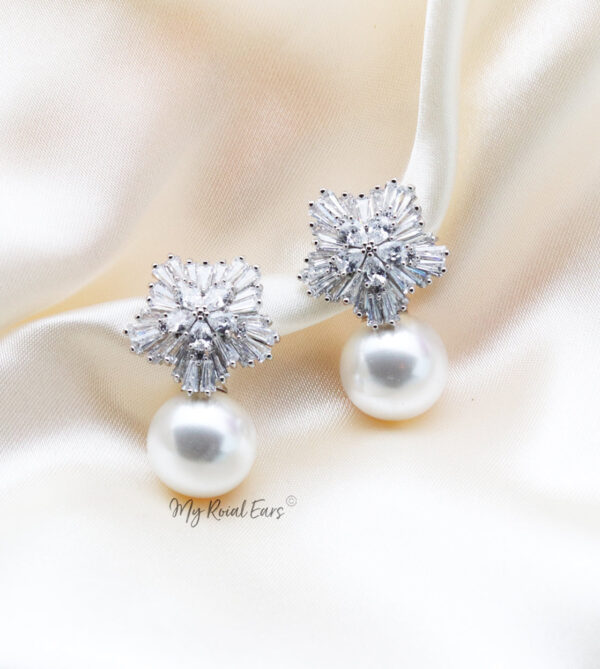Q.Louise-bridal diamond cut floral pearl stud earrings - My Roial Ears LTD