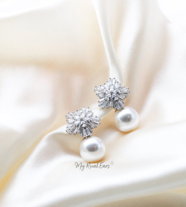 Q.Louise-bridal diamond cut floral pearl stud earrings - My Roial Ears LTD