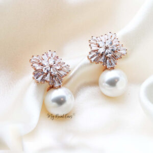Q Louise Rose Gold-bridal diamond cut floral pearl stud earrings - My Roial Ears LTD