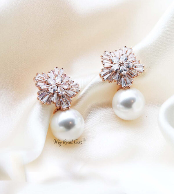 Q Louise Rose Gold-bridal diamond cut floral pearl stud earrings - My Roial Ears LTD