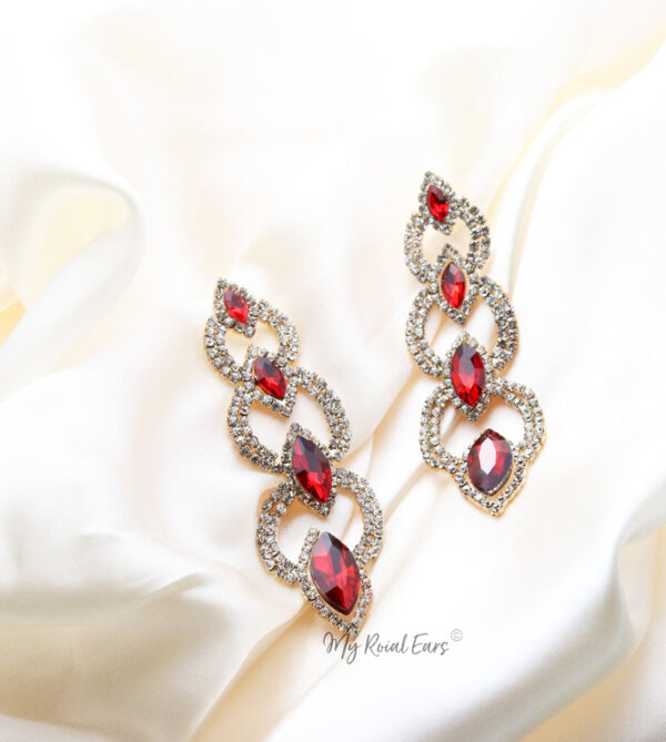 Q.Savannah Red-long crystal statement drop earrings - My Roial Ears LTD