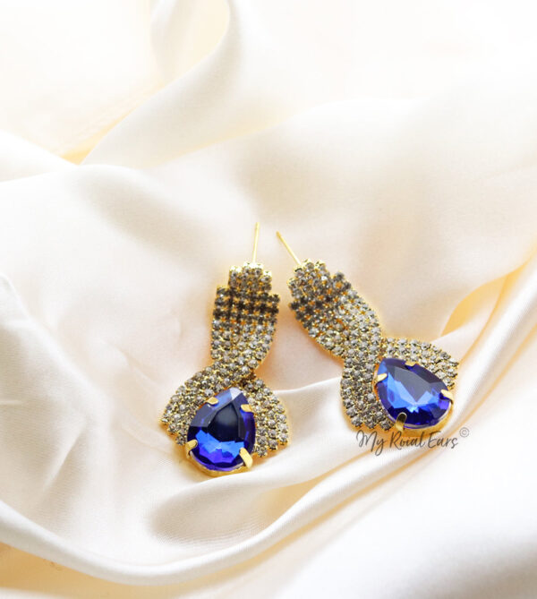 Q Mia Deep Blue-luxurious gold-plated crystal stone drop bridal earrings - My Roial Ears LTD