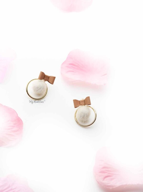Erica White- small fur bow ball stud earrings - Image 3