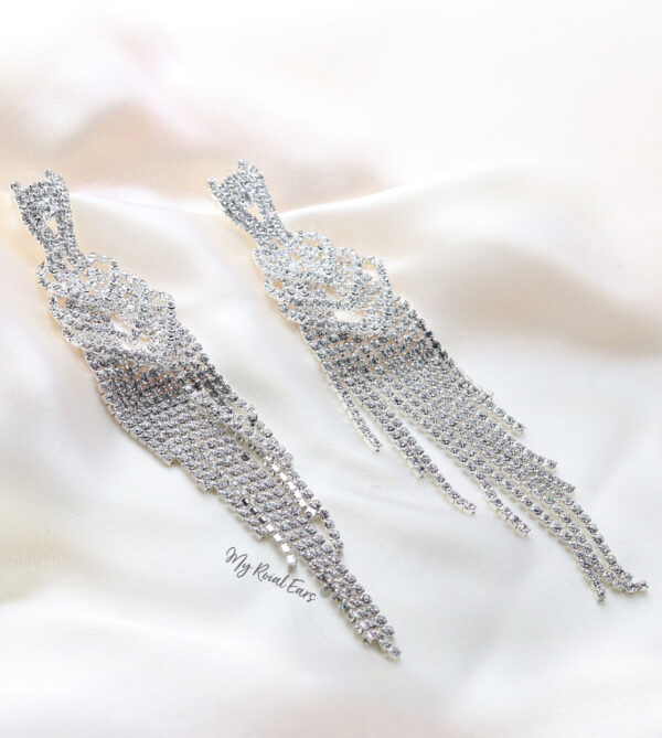 Q.Martha-long tassel rhinestone silver plated bridal statement earrings - My Roial Ears LTD