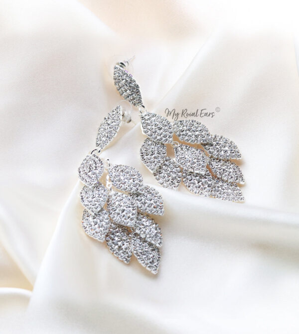 Q.Eloise-silver leaf shaped rhinestone bridal splendor earrings - My Roial Ears LTD