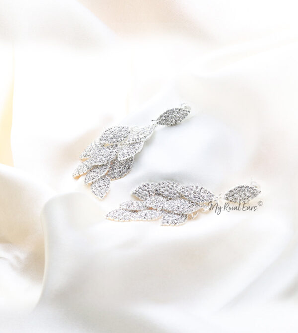 Q.Eloise-silver leaf shaped rhinestone bridal splendor earrings - My Roial Ears LTD
