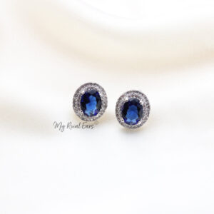 Q.Wanda Blue-platinum plated silver and sapphire blue stone inspired bridal stud earrings - My Roial Ears LTD