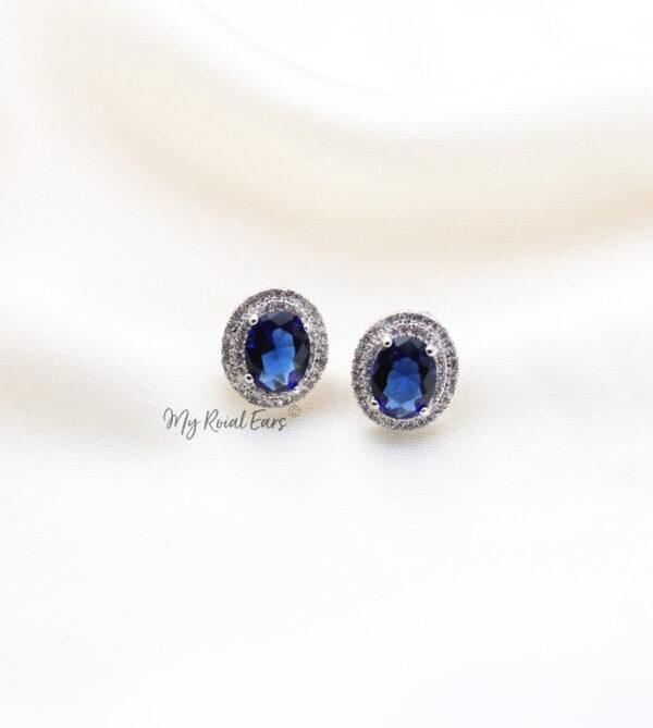 Q.Wanda Blue-platinum plated silver and sapphire blue stone inspired bridal stud earrings - My Roial Ears LTD