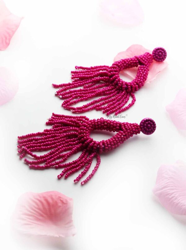 Sage- Beaded Tassel Pink Drop Earrings - Image 2