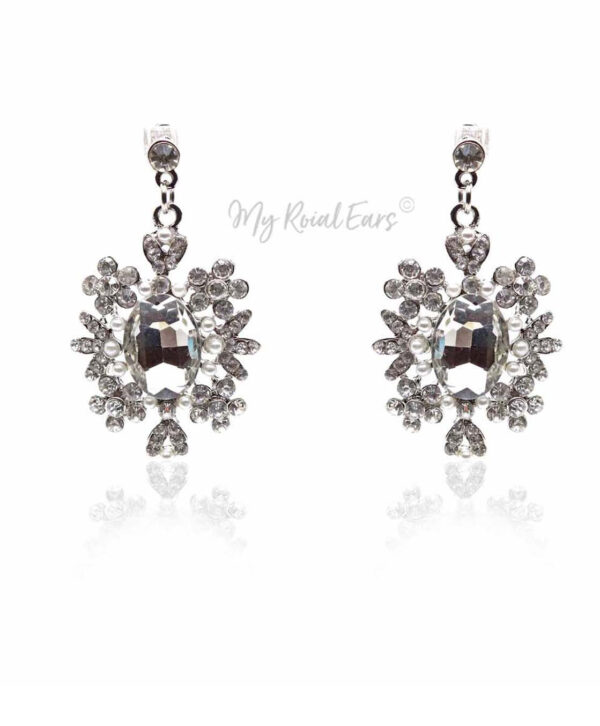 Q.GABRIELLA- clear glass pearl white bridal stud earrings - My Roial Ears LTD