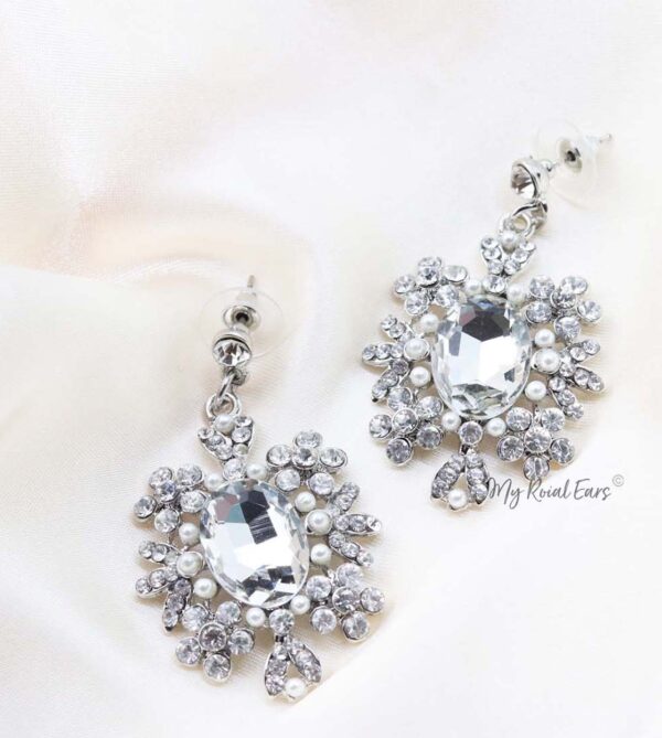 Q.GABRIELLA- clear glass pearl white bridal stud earrings - My Roial Ears LTD