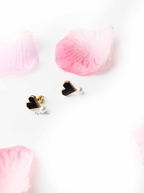 Tansy- gold plated black heart and pearl stud - My Roial Ears LTD