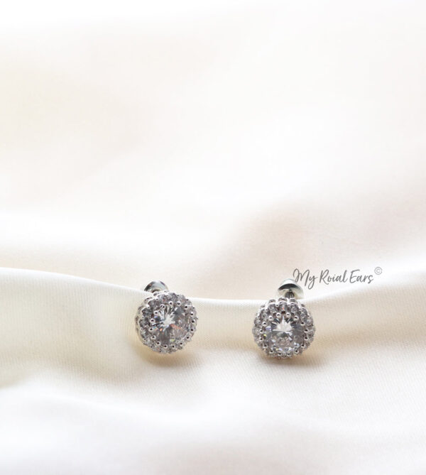 Q.Natalie-classic shimmer and shine round silver bridal stud earrings - My Roial Ears LTD