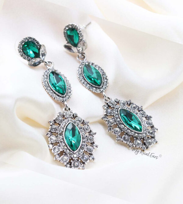 Q.ISABELLA- green crystal glass royal bridal drop earrings - My Roial Ears LTD