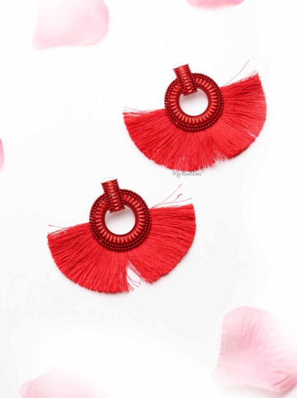 Caladium Red- fan shaped tassel earrings - My Roial Ears LTD