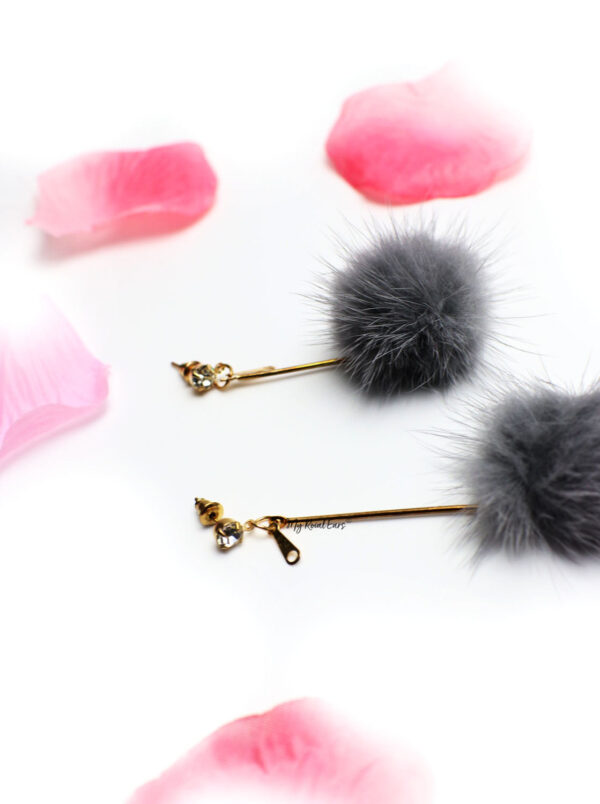 Tulip Grey-fur ball fashion drop earrings - Image 4