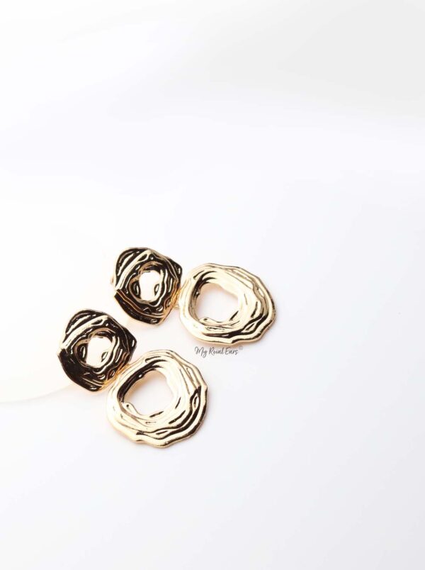 Clio- gold plated lined detailed double hoop drop earrings - My Roial Ears LTD