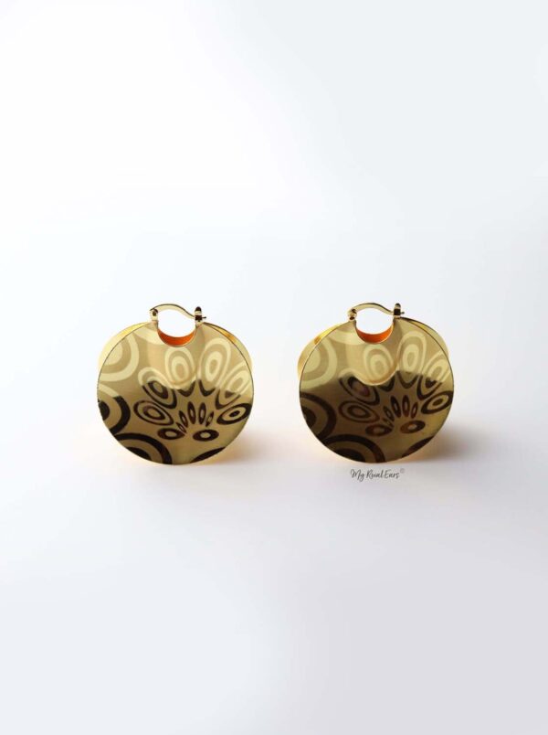 HERA- gold plated pattern phenomenal disc drop earrings - My Roial Ears LTD