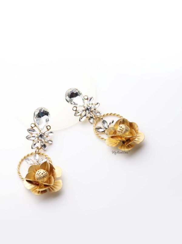 Gaia Dim- gold plated 3d floral crystal-embellished drop earrings - My Roial Ears LTD