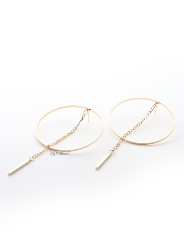Aglaia Silver- statement stud long drop hoop chain gold earrings - Image 2