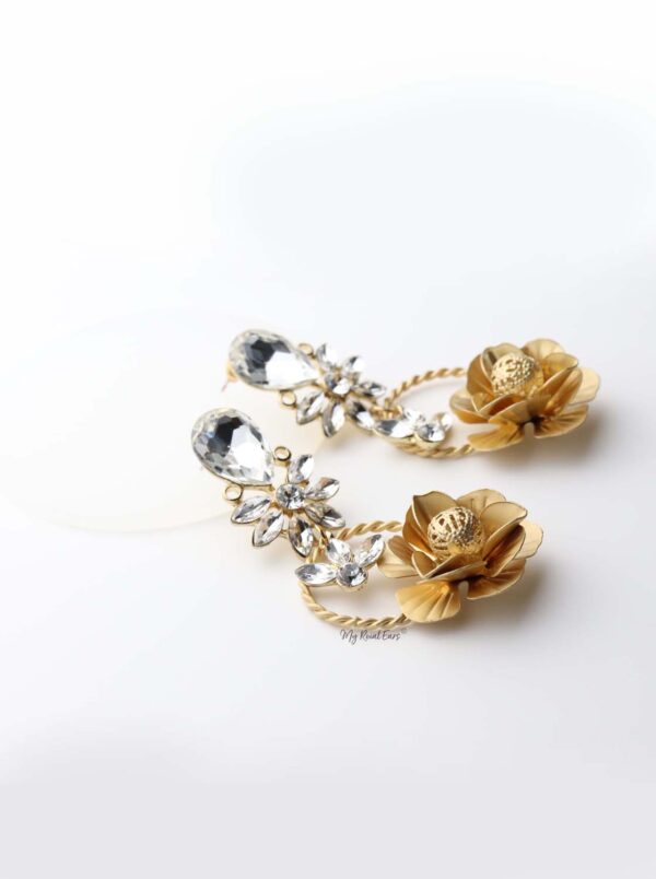Gaia Dim- gold plated 3d floral crystal-embellished drop earrings - My Roial Ears LTD