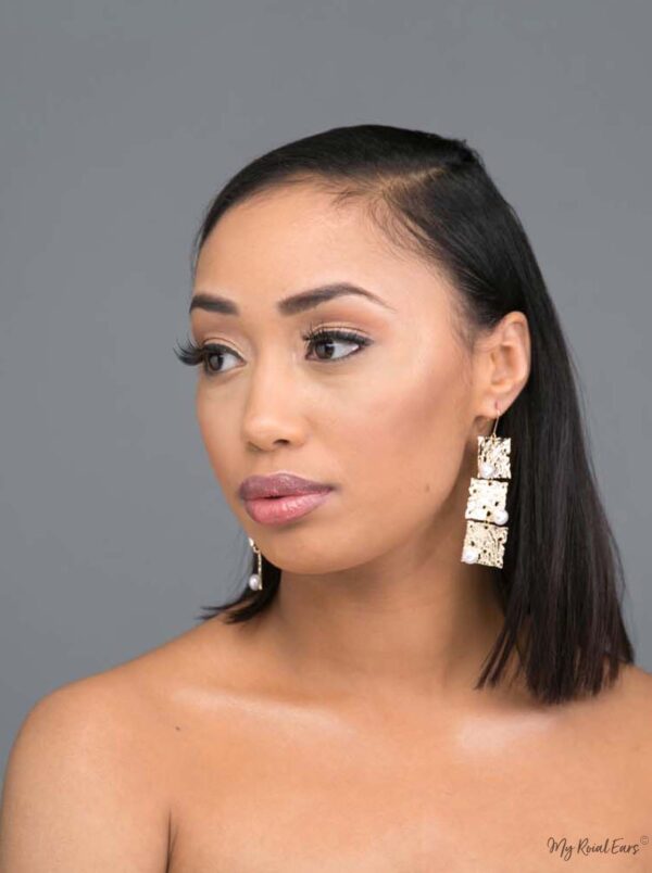 Ianthe: gold plated square and pearl embellished drop earrings - My Roial Ears LTD