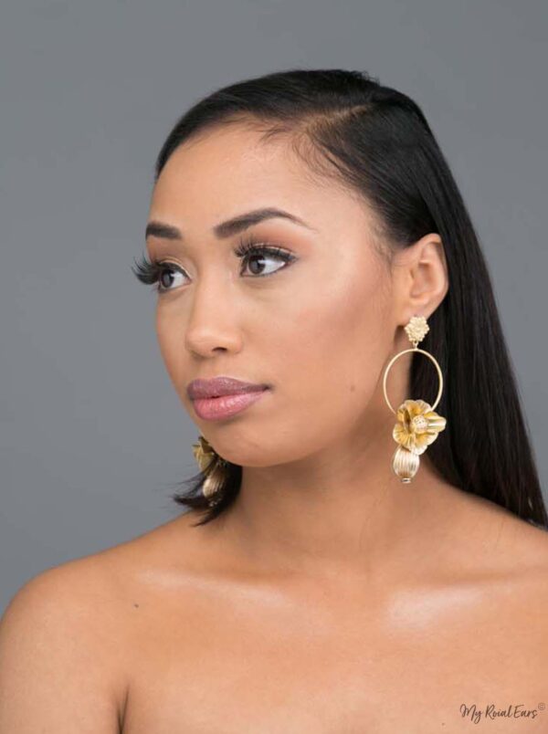 Iris- gold plated 3d floral hoop drop earrings - My Roial Ears LTD