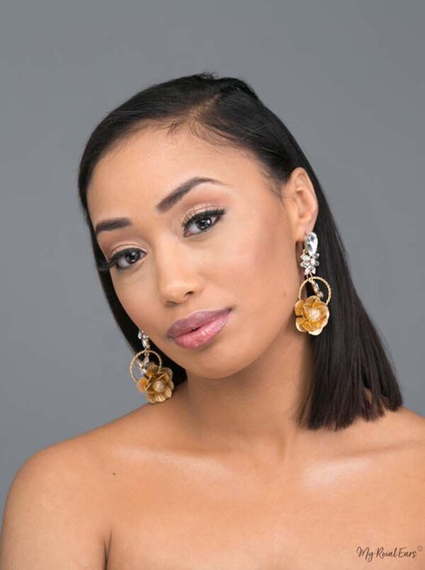 Gaia Dim- gold plated 3d floral crystal-embellished drop earrings - My Roial Ears LTD